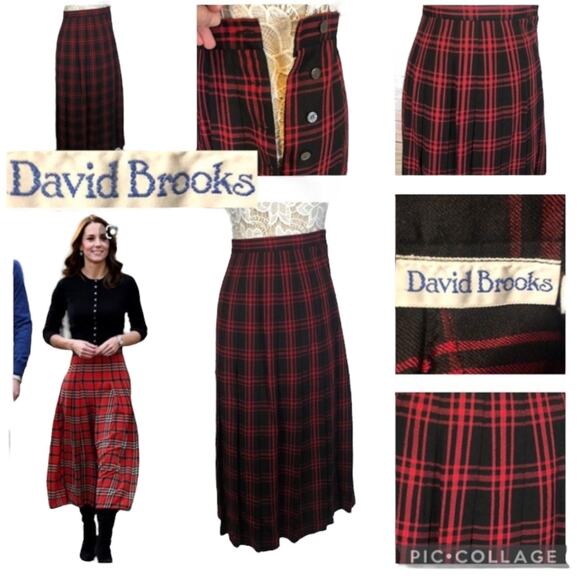1980s David Brooks Red Black Wool Plaid Skirt w/ Side Buttons
 small - Picture 2 of 12